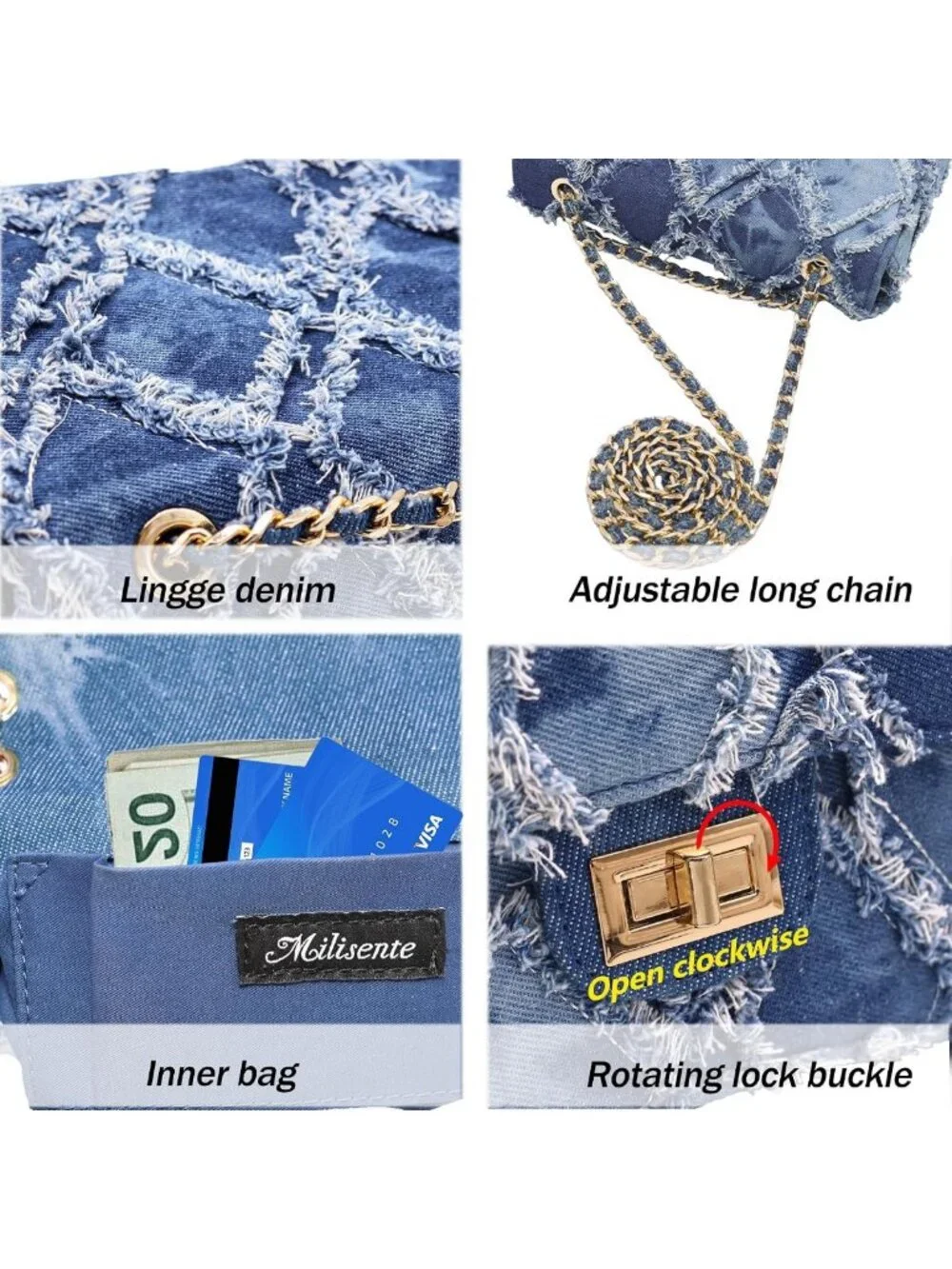 Small Quilted Denim Shoulder Bag with Chain Strap - Stylish Clutch Purse for